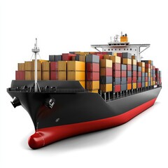 A large container ship loaded with multicolored cargo containers, ready for maritime transport, isolated on a white background.