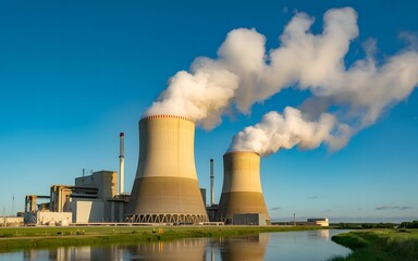 nuclear power plant with cooling towers emitting steam