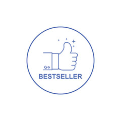 blue bestseller icon with thumb up. concept of great recommendation or simple sign of success in business. flat cartoon trend modern best selling product logo graphic minimal design isolated on white