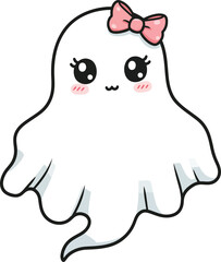 Obraz premium Cute Girl Ghost with Pink Bow - Adorable Halloween Cartoon Art vector Illustration