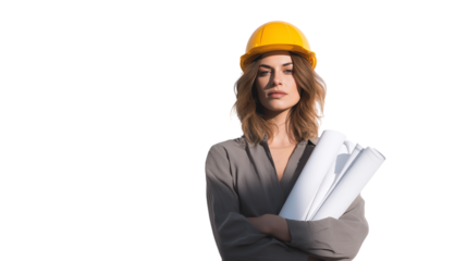 Confident female architect in hard hat holding blueprints, white background, cinematic shadow, PNG