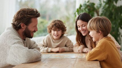 Warm, candid shot of a family joyfully playing a game together at a wooden table in a cozy home. Captures connection, love,  bonding. Perfect for family, lifestyle, and togetherness content.