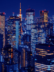 Stunning nighttime cityscape, vibrant with illuminated skyscrapers and a towering landmark.  A captivating blend of blues and oranges creates a dynamic, modern aesthetic.