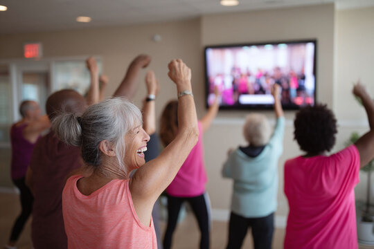 Senior group fitness class with diverse individuals, joyful expressions, and an active lifestyle. Evokes community, health, and vitality. Perfect for aging, care, or wellness.