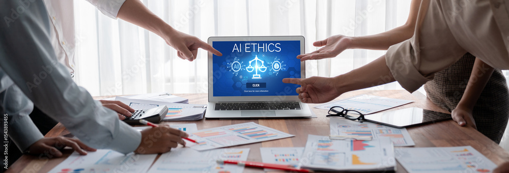 Poster ai ethics responsibility standard law and rules on computer screen provide report of ai ethic transp