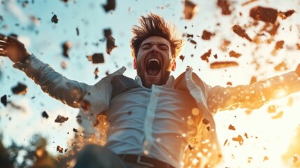 A man leaping amidst a dramatic explosion of dust and debris captures the intense emotions of adrenaline and excitement in a breathtaking action shot.