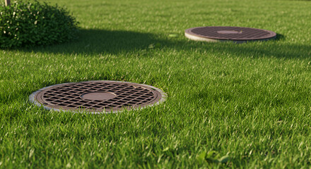 Manhole Covers in Grass Field