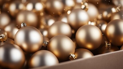 A mesmerizing collection of golden Christmas ornaments nestled in a box, representing festive luxury and the spirit of holiday celebrations, adorned and ready for decoration.