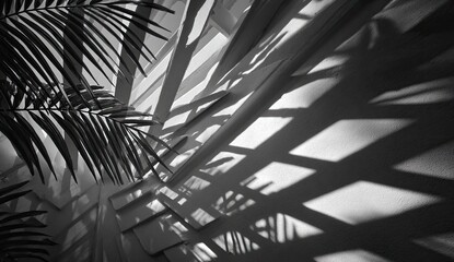 Naklejka premium Monochromatic close-up of palm fronds casting dramatic shadows on a slatted, light-colored wall