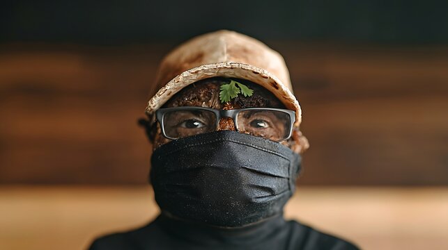 Portrait of a Man Wearing a Unique Face Mask with Hat and Glasses
