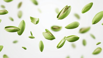 Naklejka premium pistachios floating in the air on the white background.