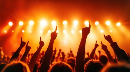 Silhouettes of enthusiastic concertgoers raise their hands towards bright stage lights, encapsulating the energy and passion found in live music performances and communal experiences.
