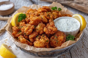 Golden Fried Clams in Parchment Basket with Tartar Sauce and Lemon – Coastal Shack Style