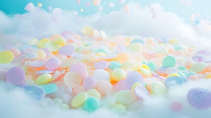 Pastel-colored candies in a cloud-like setting.