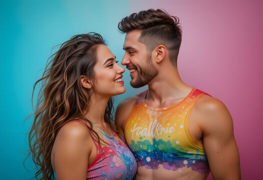 Diverse LGBTQ+ couple in colorful clothing showing love and support on International Day Against Homophobia and Transphobia