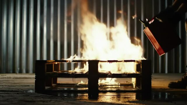 An arsonist pours gasoline from a can to start a large fire.