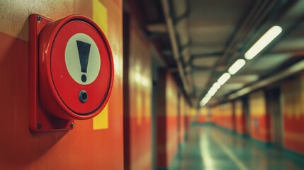 Warning alarm mounted on a wall in a dimly lit corridor of a parking garage during the evening hours