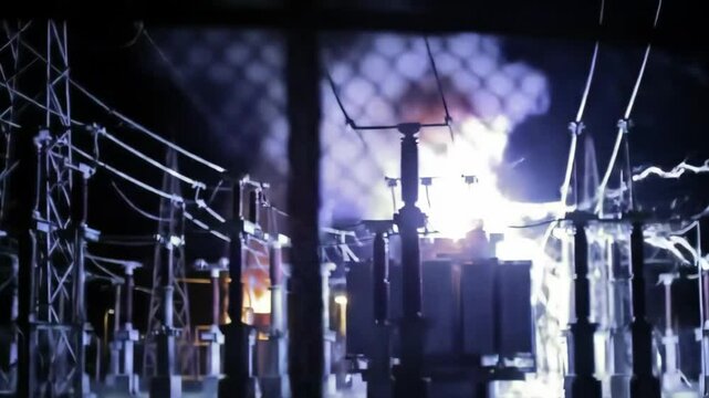 An electrical power station transformer explodes and sparks at night.