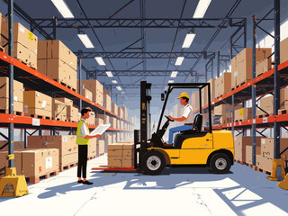 Forklift operator training session with instructor guiding license examination process in a warehouse safety environment isometric isolated