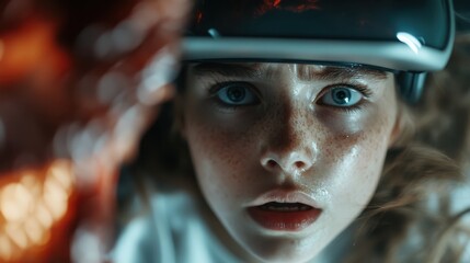 A young girl, headset in place, displays a captivating expression of fear and amazement as she engages deeply in a virtual reality experience, blurring reality and imagination.