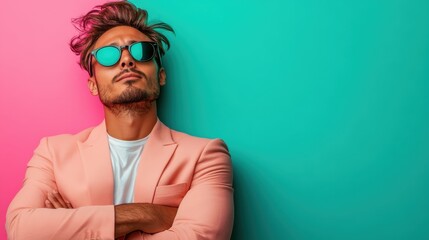 Capture the essence of modern fashion with this stylish image of a confident man in sunglasses, exuding coolness and charisma against a vibrant background.