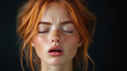 Close-up portrait of a redhead woman with eyes closed, mouth slightly open, and a contemplative or slightly distressed expression.  