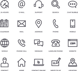 Contact us 20 icon set. Web icons , home, call, location, globe, world, message, mail, address, search, magnifying glass, website, icons.