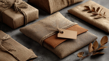 Eco Friendly Rustic Gift Packaging Mockup with Burlap and Kraft Paper