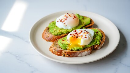Delicious avocado toast with poached eggs and chili flakes