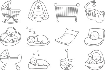Line drawings of baby items including cribs bassinets and sleeping babies