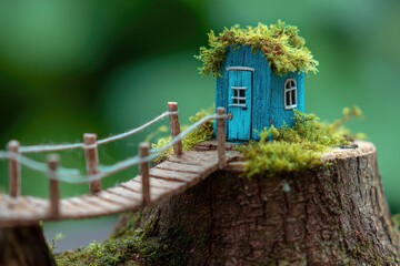 Miniature teal cottage nestled atop a moss-covered tree stump, accessed by a tiny wooden bridge