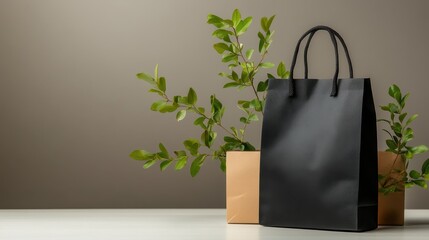 An elegant black shopping bag sits on a minimalist table beside a stylish brown bag, adorned with lush green leaves, creating a modern yet natural aesthetic.