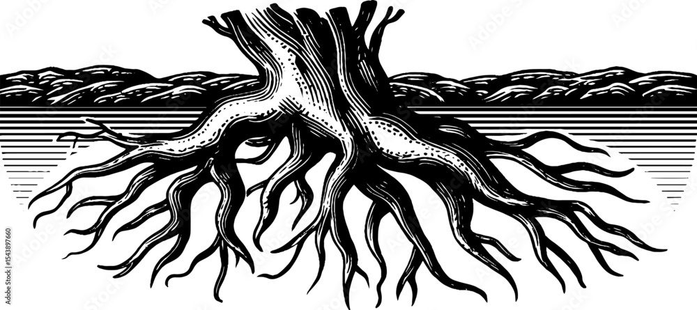 Poster intricate tree root system with tangled lines and exposed soil design for nature theme