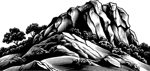 Black and white rocky outcrop with trees emerging from hillside for nature design
