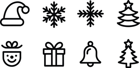 A set of christmas themed icons including santa hat snowflakes trees and gifts