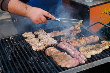Palermo, Sicily. Local street food vendor grilling up meats
