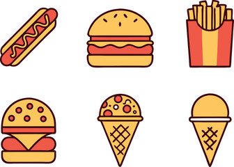 Colorful illustrated fast food icons: burger, hot dog, fries, pizza, and ice cream