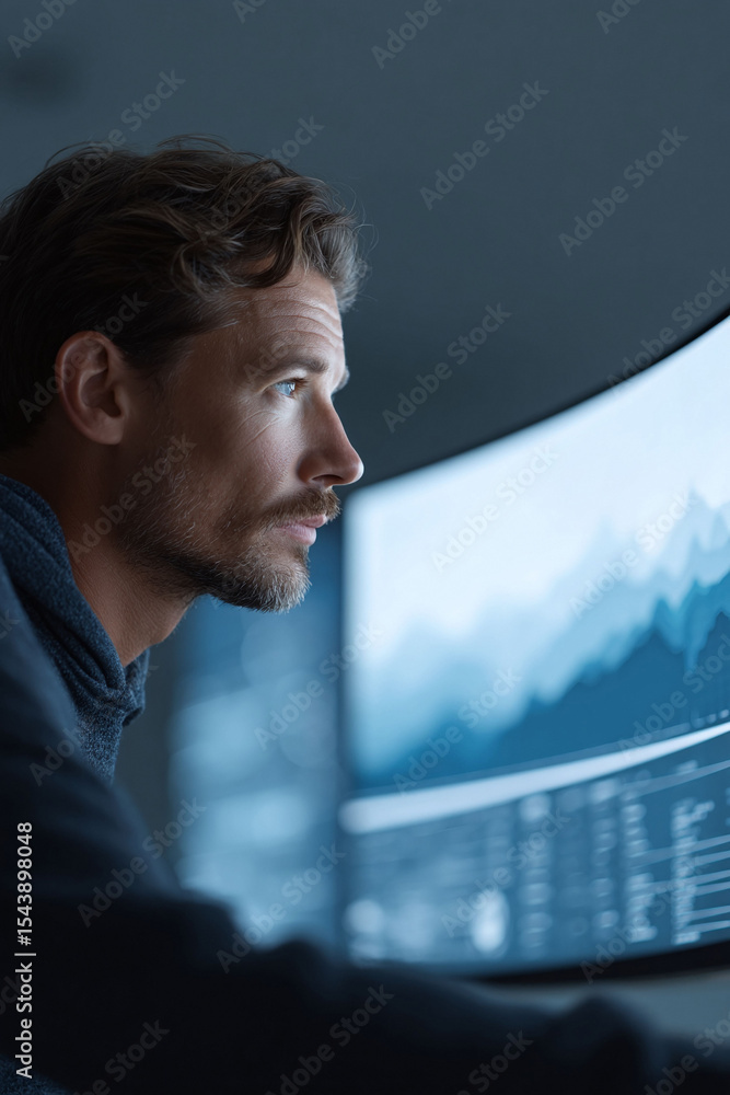 Poster focused professional analyzing data charts on a modern computer screen. represents technology, finan