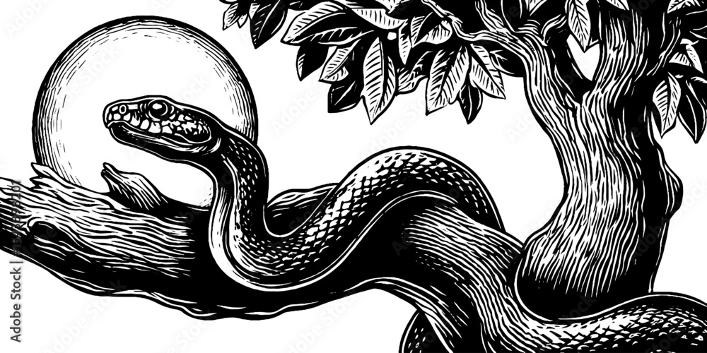 Poster serpent wrapped around tree branch with moon in monochrome art