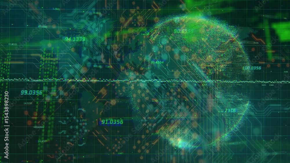 Poster on startup waveform extending over grid, readouts pulsing before globe emerging visualizing data