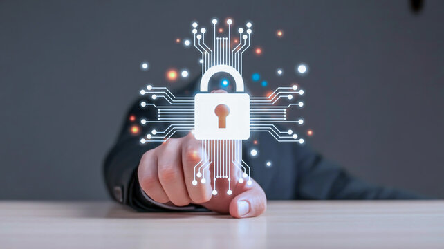 A digital illustration of a hand in a black suit sleeve reaching out to touch a glowing digital padlock icon floating above it