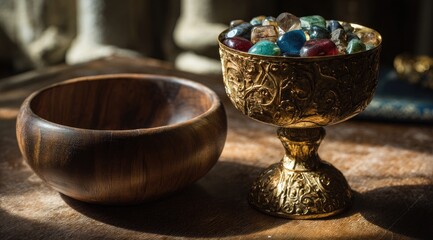 Ornate golden chalice filled with colorful gemstones sits beside a dark wood bowl on a sunlit table