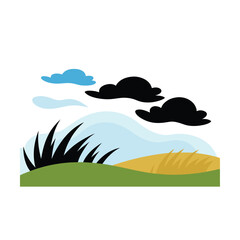 A vector illustration of a summer landscape with a lake, green grass, and mountains under a sunny sky