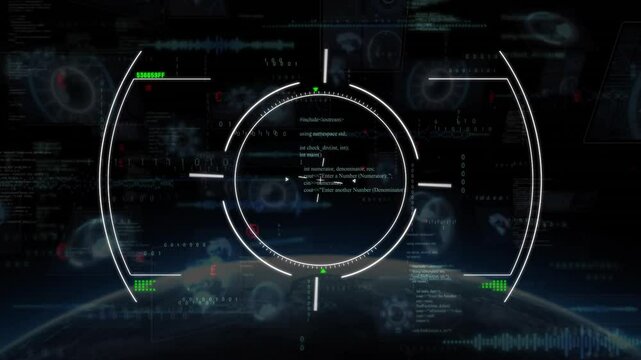 White arc and green circle emerging, animating multi-ring HUD, pulsing blocks and glitches for scan
