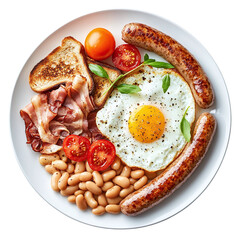 Traditional full english breakfast with fried eggs, sausages, beans, grilled tomatoes, meat and toast on a plate. isolated on transparent background.