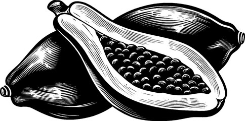 Obraz premium Black and white sliced papaya with seeds for artistic design and print decoration