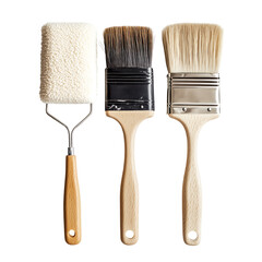 Three paintbrushes displayed: a roller, a flat brush, and a wide brush in a clean, bright setting. Isolated on transparent white background, png