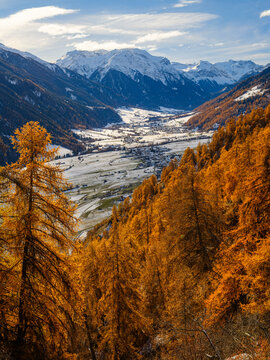 View from Rotund Castle towards village Taufers in valley Munstertal towards Grisons. Italy, Sudtirol, Alto Adige.