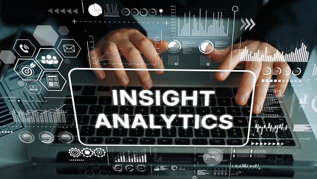 Insight Analytics Concept with Hands Typing on Laptop Surrounded by Data Graphics and Technology Icons. Asymptotic smart data analytic. - Powered by Adobe