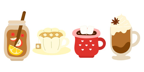 set of seasonal drinks with apple cider, chamomile tea, chocolate marshmallow and latte